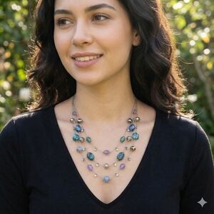 Multi-Strand Beaded Necklace Silver Tone Adjustable 18.5–21.5